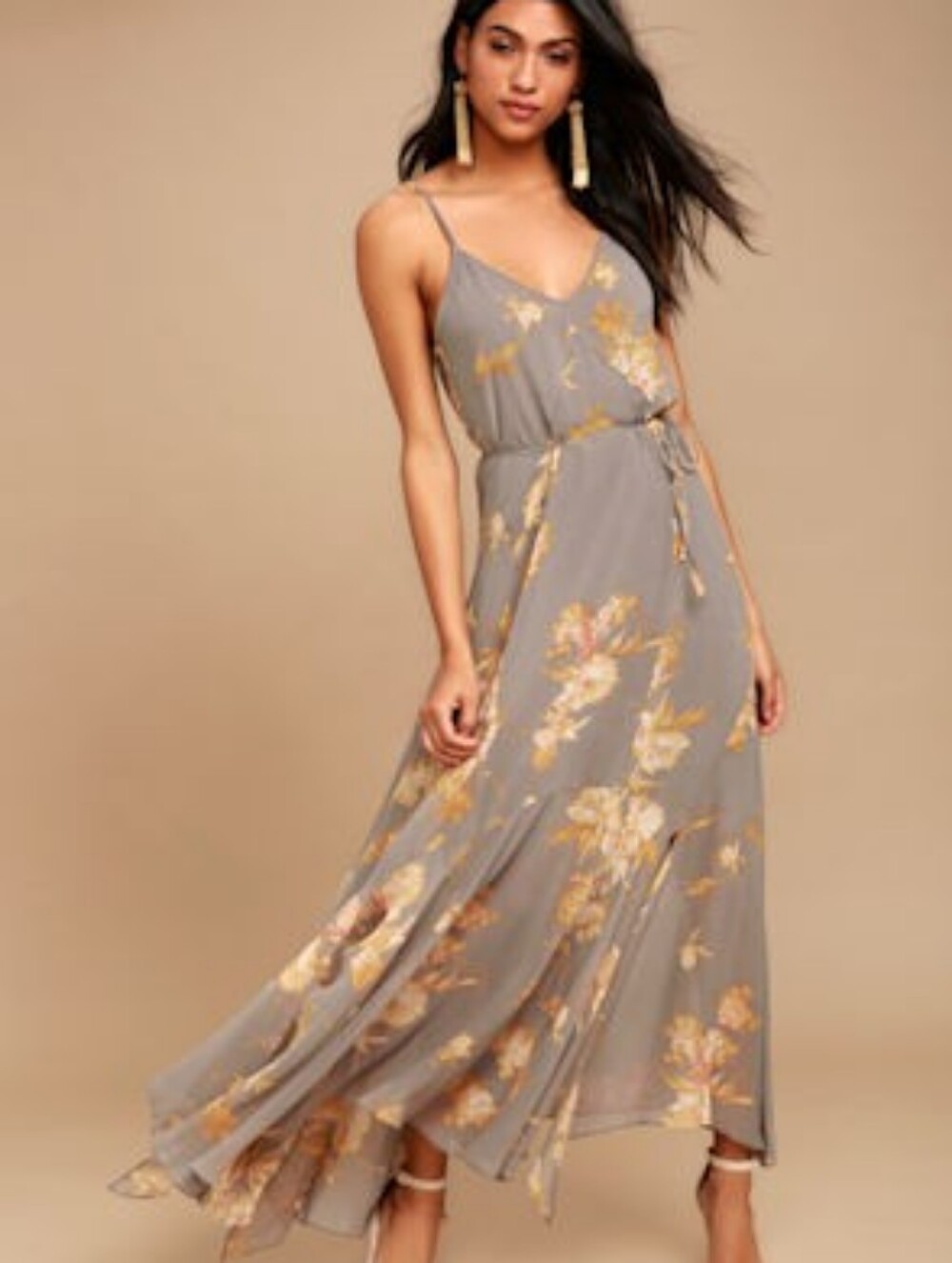 Lulus Feeling Freesia Gray Floral Fairycore Cocktail Tie Waist Midi Dress Size S
